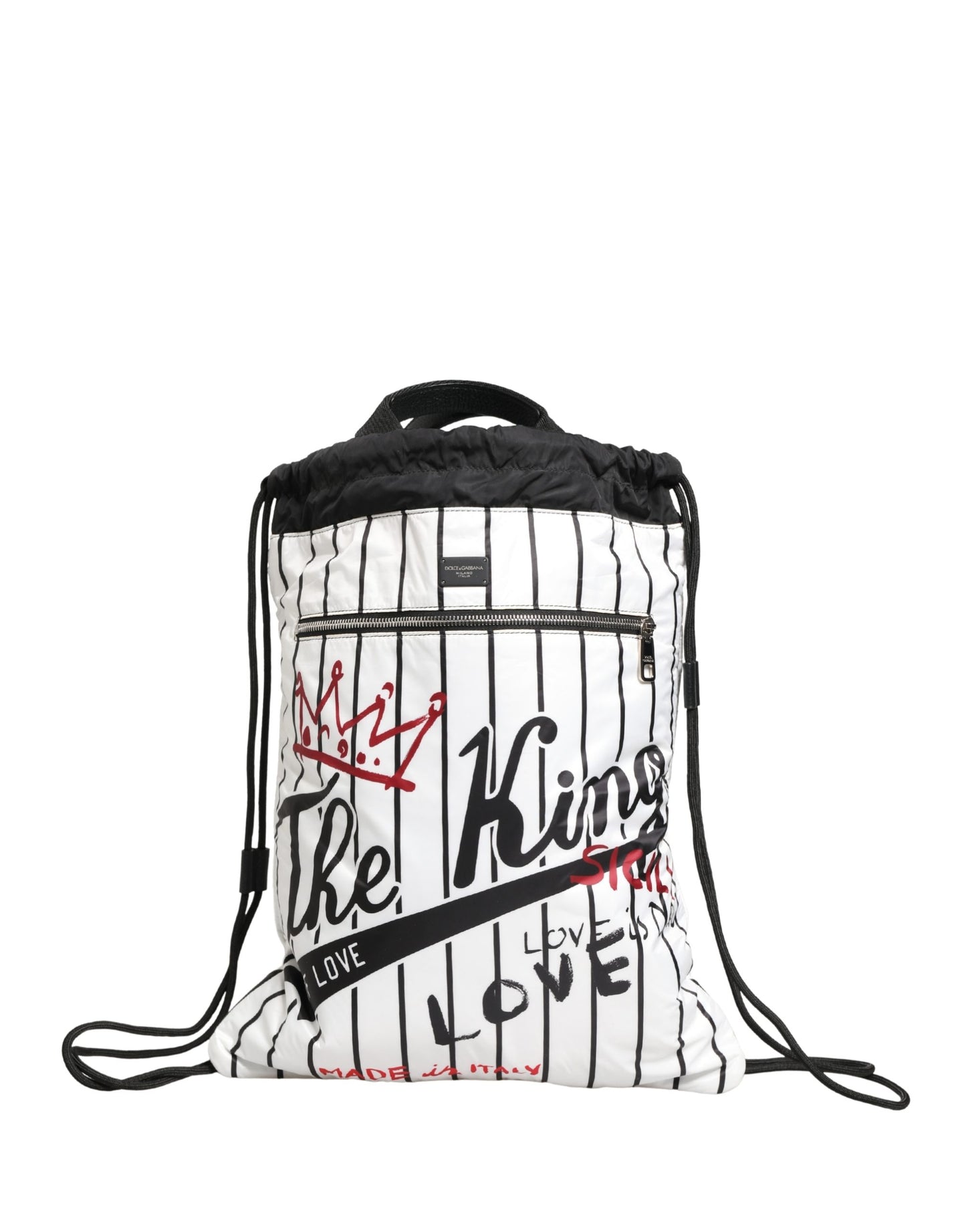 Dolce & Gabbana Black White Striped Polyester Drawstring Backpack Men Bag Curated Luxury Accessories by Orvyn