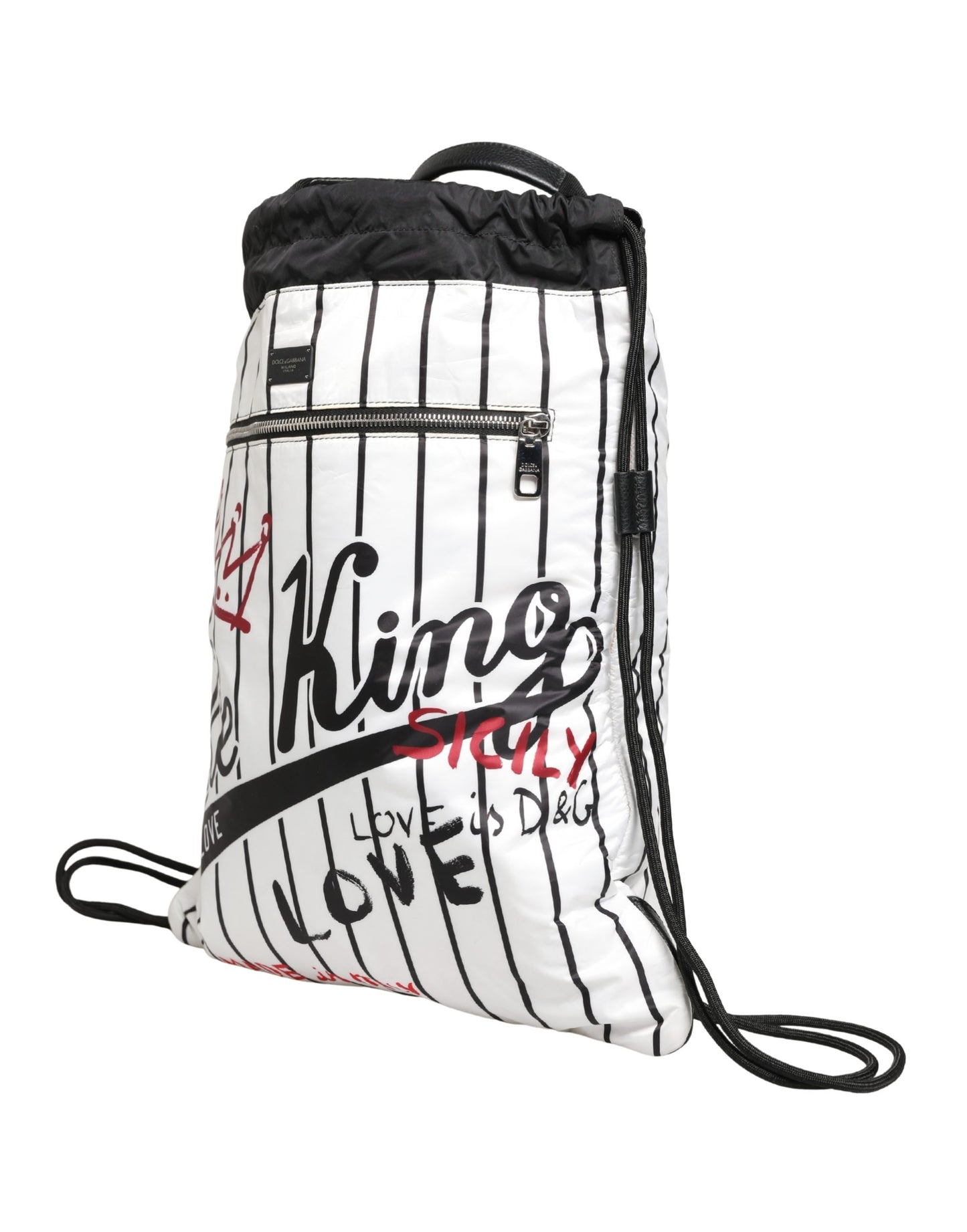 Dolce & Gabbana Black White Striped Polyester Drawstring Backpack Men Bag Curated Luxury Accessories by Orvyn