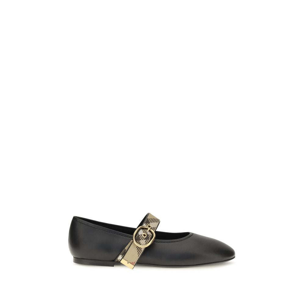 Burberry Black Robin Leather Ballerinas With Check Strap Flats schwarz