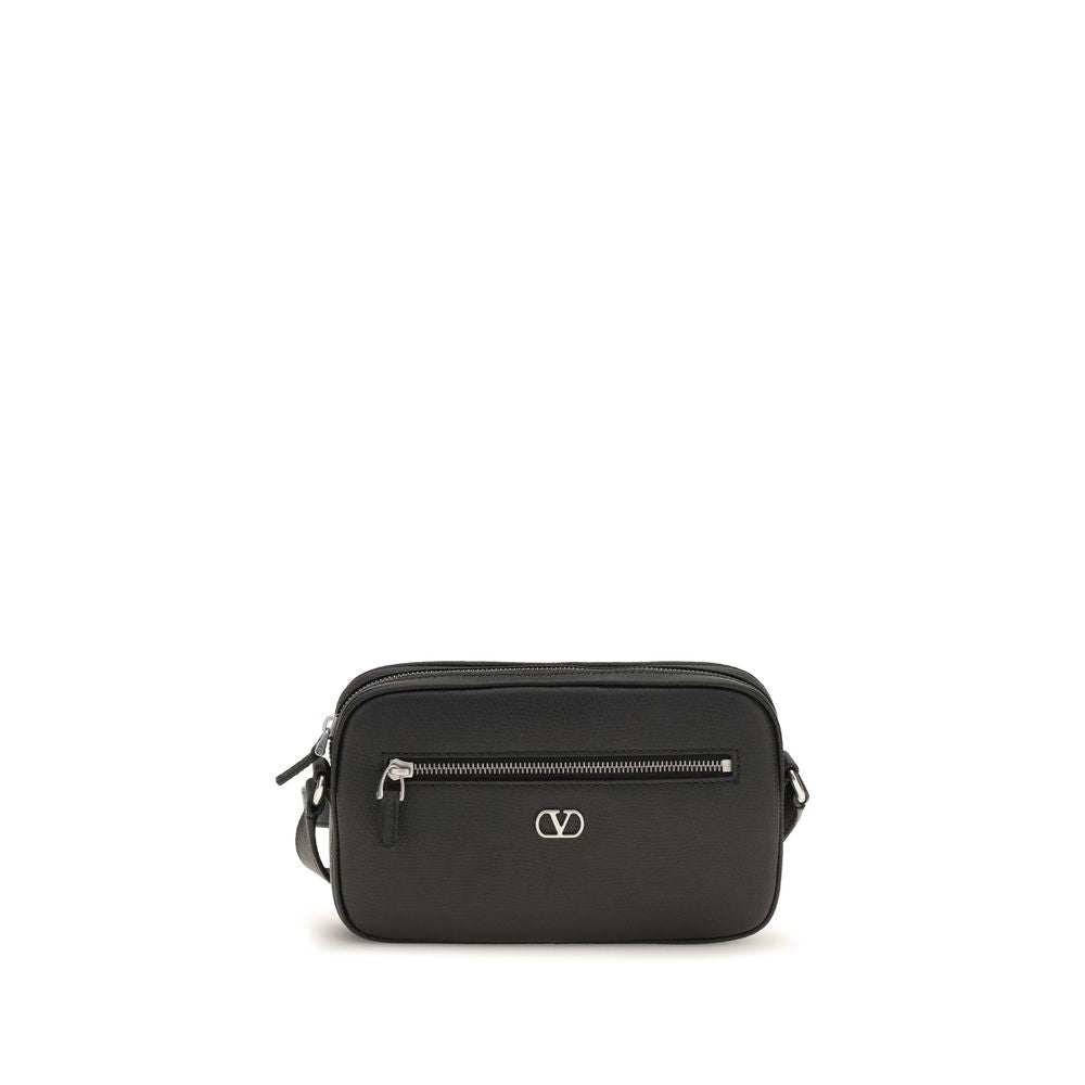 Valentino Garavani Black Grained Leather Crossbody Bag With Zip Shoulder schwarz
