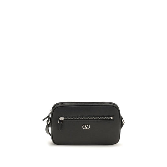 Valentino Garavani Black Grained Leather Crossbody Bag With Zip Shoulder schwarz