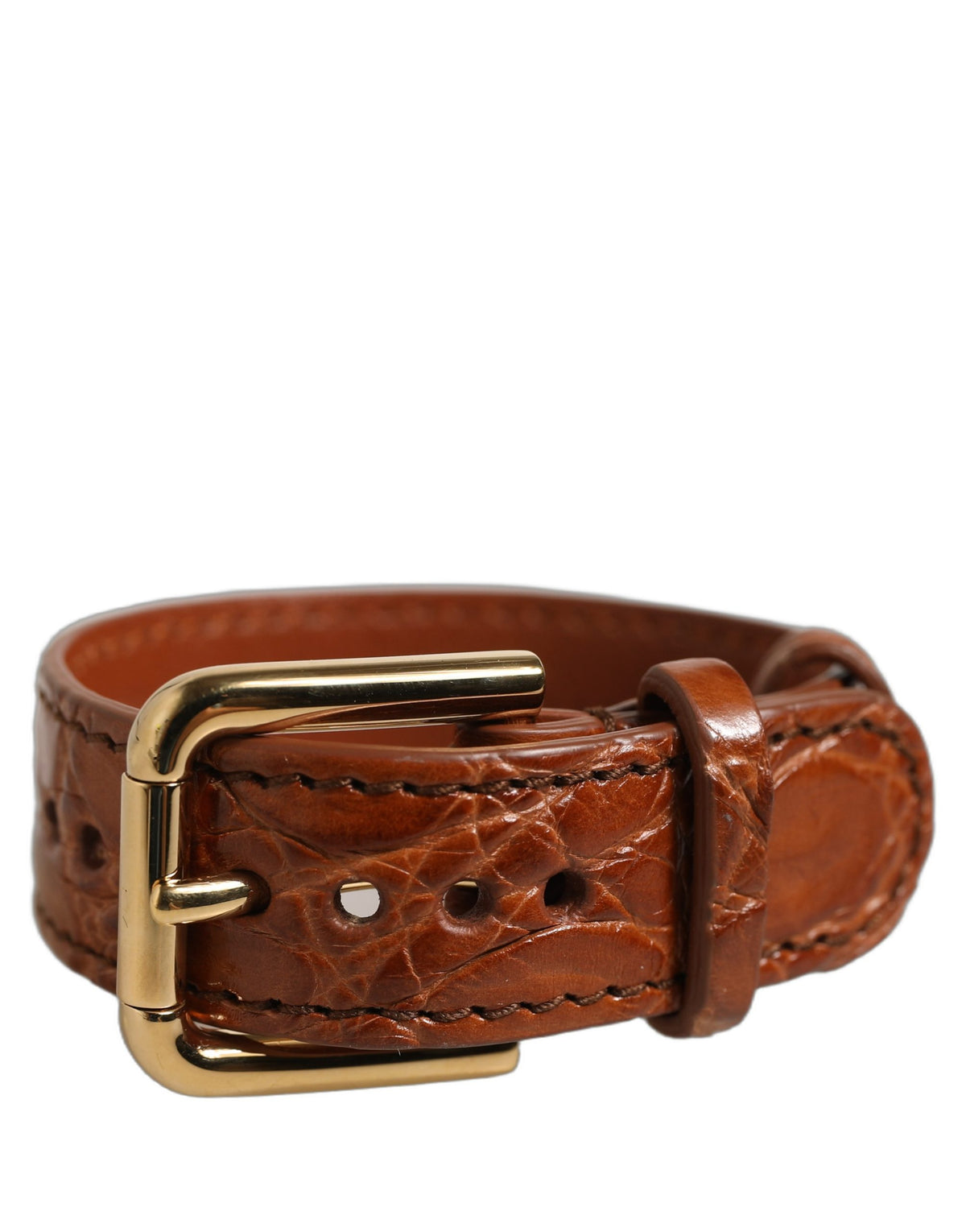 Dolce & Gabbana Brown Textured Leather Gold Buckle Belt Strap Bracelet braun