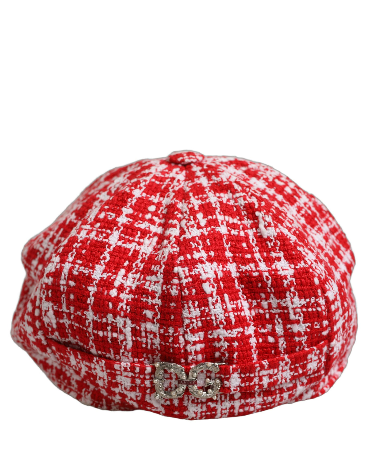 Dolce & Gabbana Red White Tweed Textured Baker Boy Capello Hat weiss