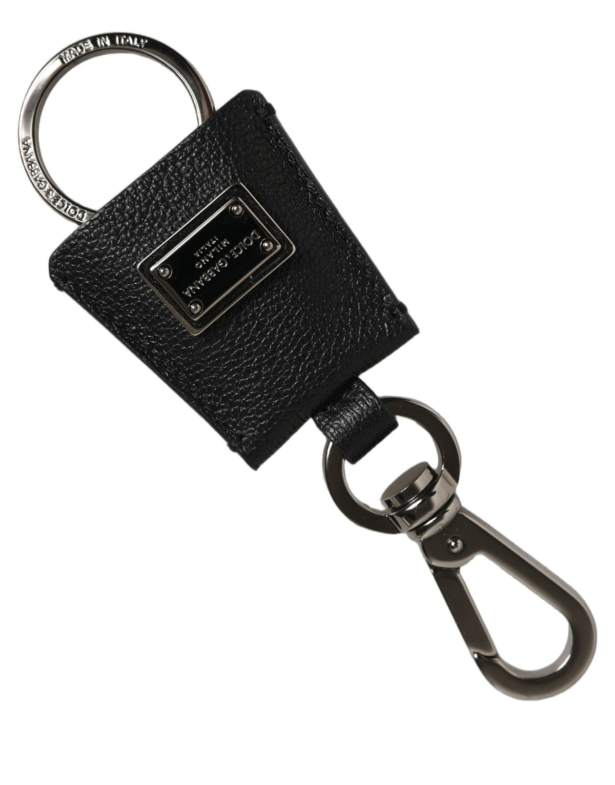 Dolce & Gabbana Black Dauphine Leather Silver Metal Logo Plaque Keyring schwarz