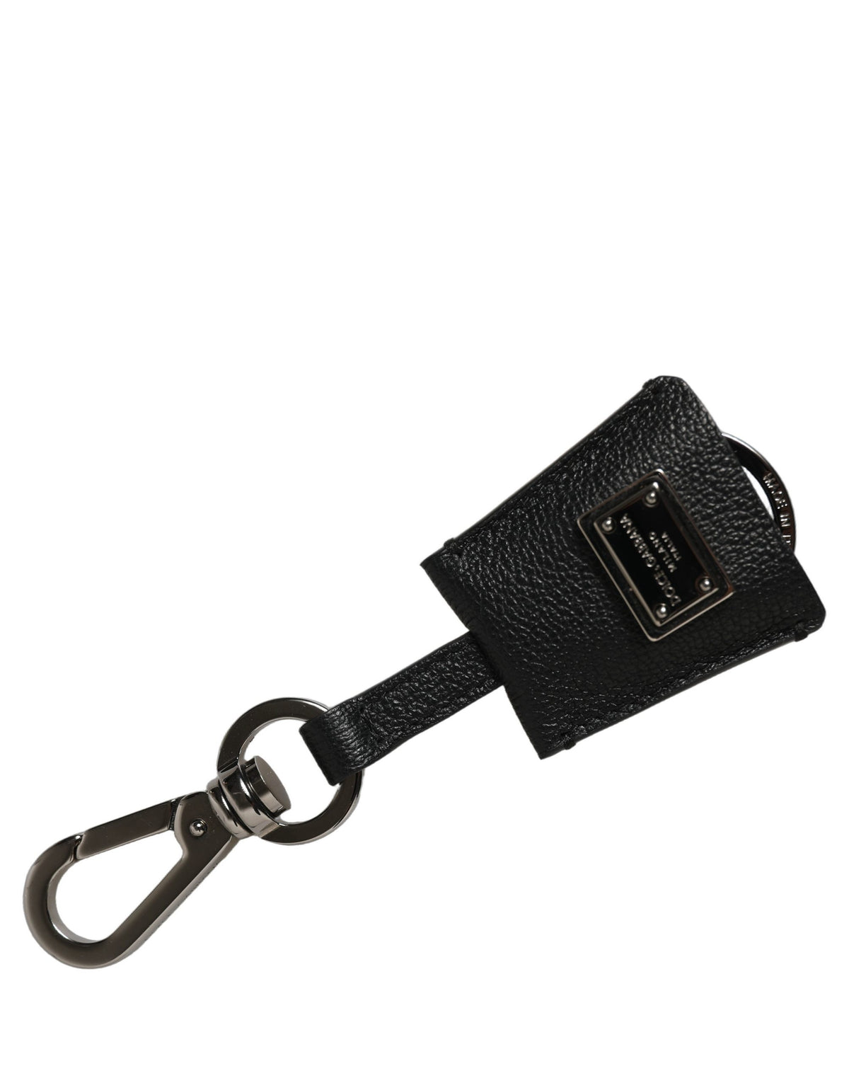 Dolce & Gabbana Black Dauphine Leather Silver Metal Logo Plaque Keyring schwarz