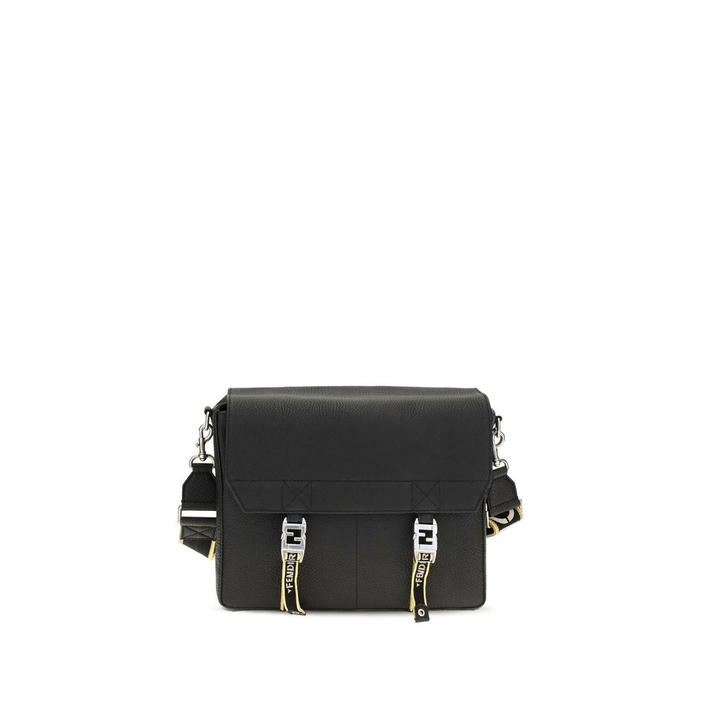 Fendi Black Flow Mess Medium Roman Leather Crossbody Bag Shoulder schwarz
