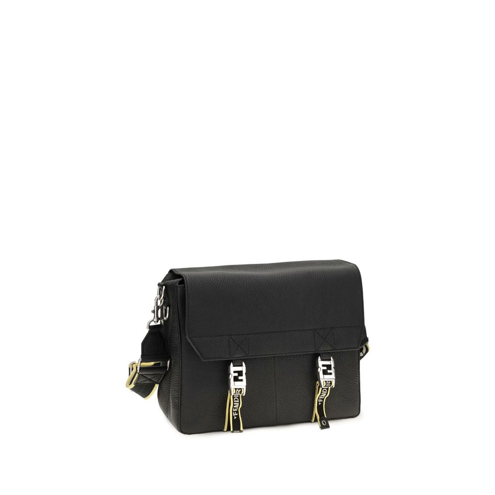 Fendi Black Flow Mess Medium Roman Leather Crossbody Bag Shoulder schwarz