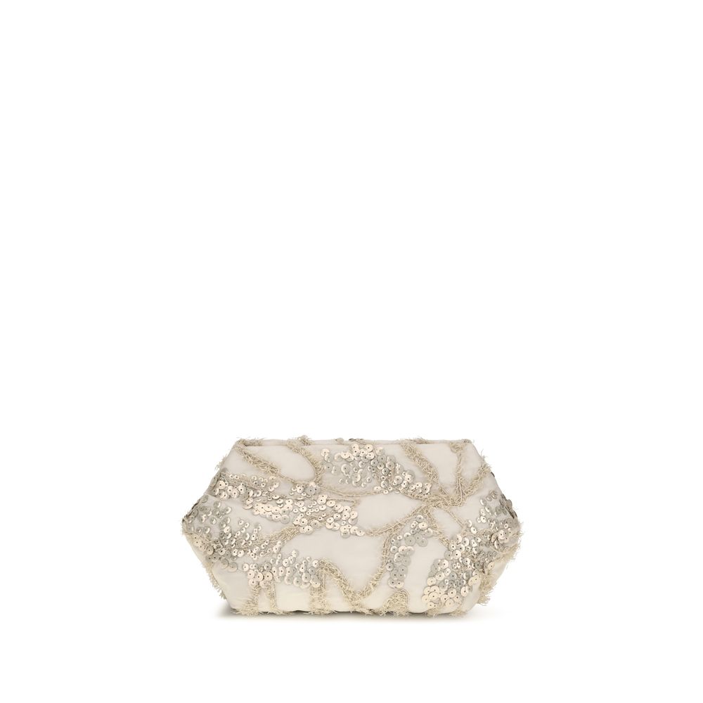 Brunello Cucinelli Beige Embroidered Silk Organza Clutch
