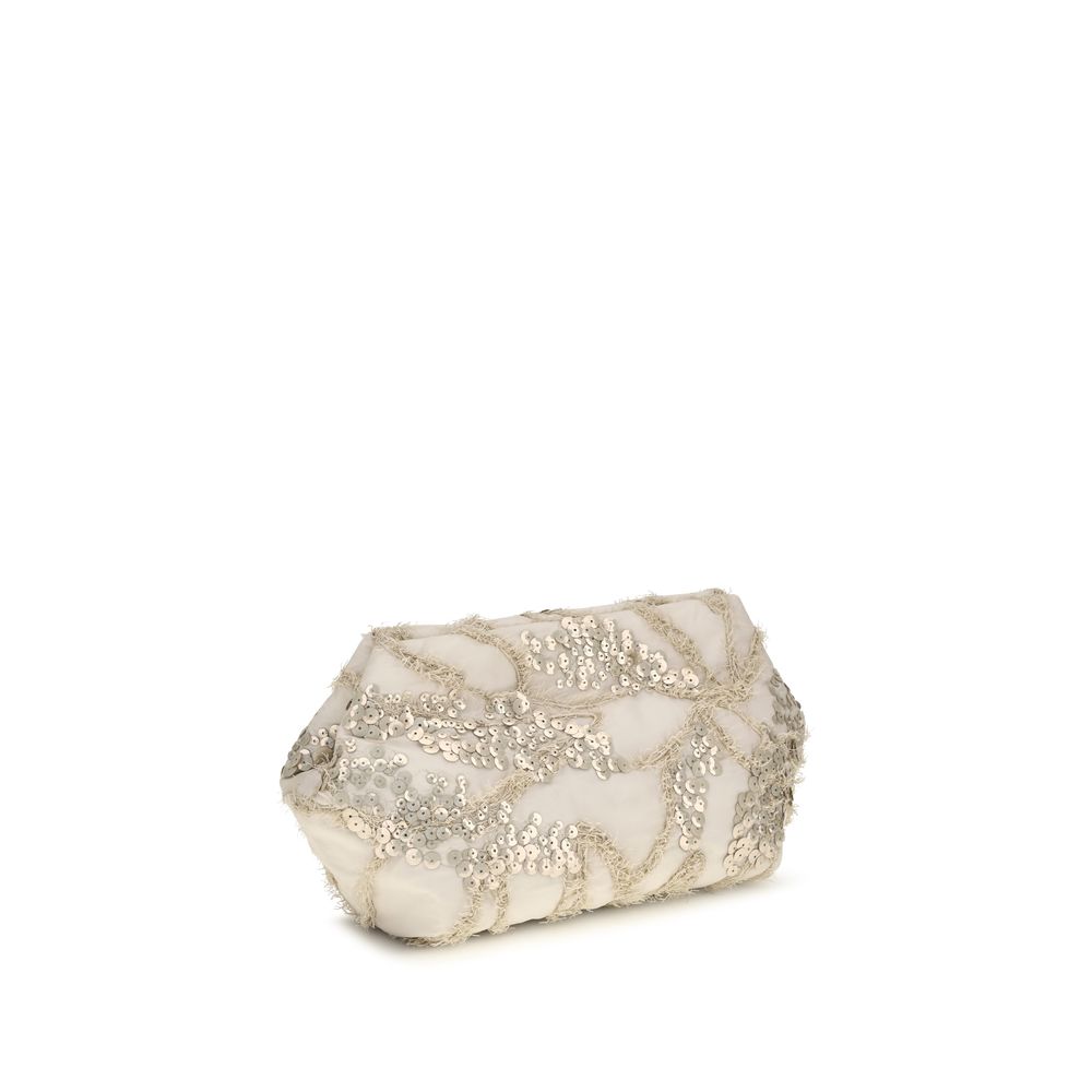 Brunello Cucinelli Beige Embroidered Silk Organza Clutch