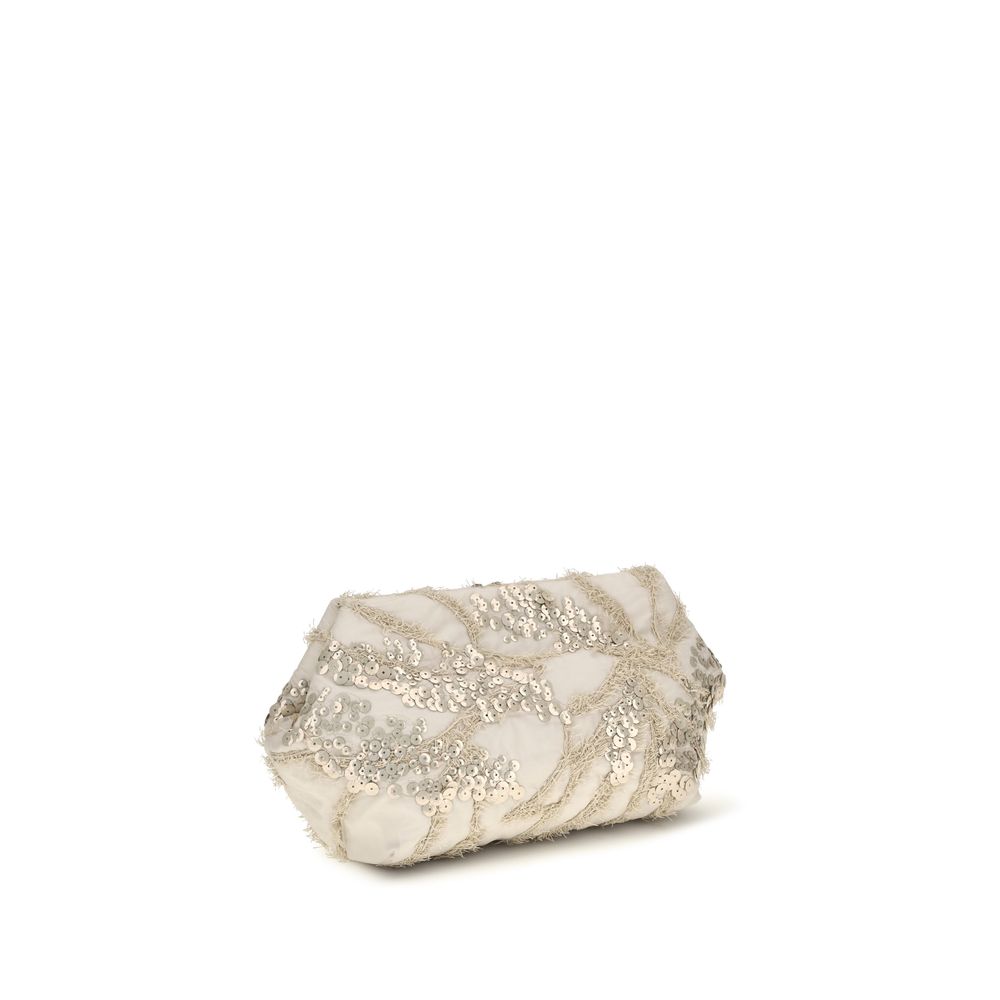 Brunello Cucinelli Beige Embroidered Silk Organza Clutch