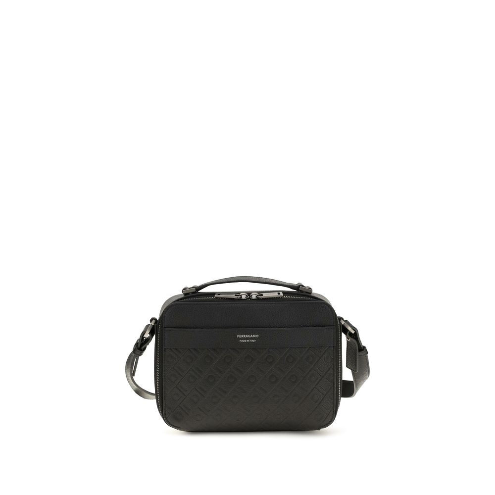 Ferragamo Black Leather Crossbody Bag With Embossed Gancini Pattern Mini Shoulder schwarz
