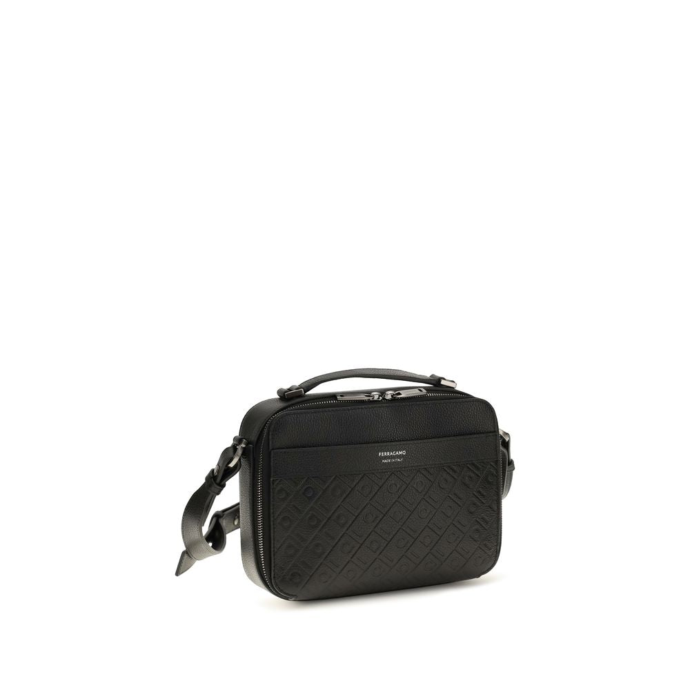 Ferragamo Black Leather Crossbody Bag With Embossed Gancini Pattern Mini Shoulder schwarz