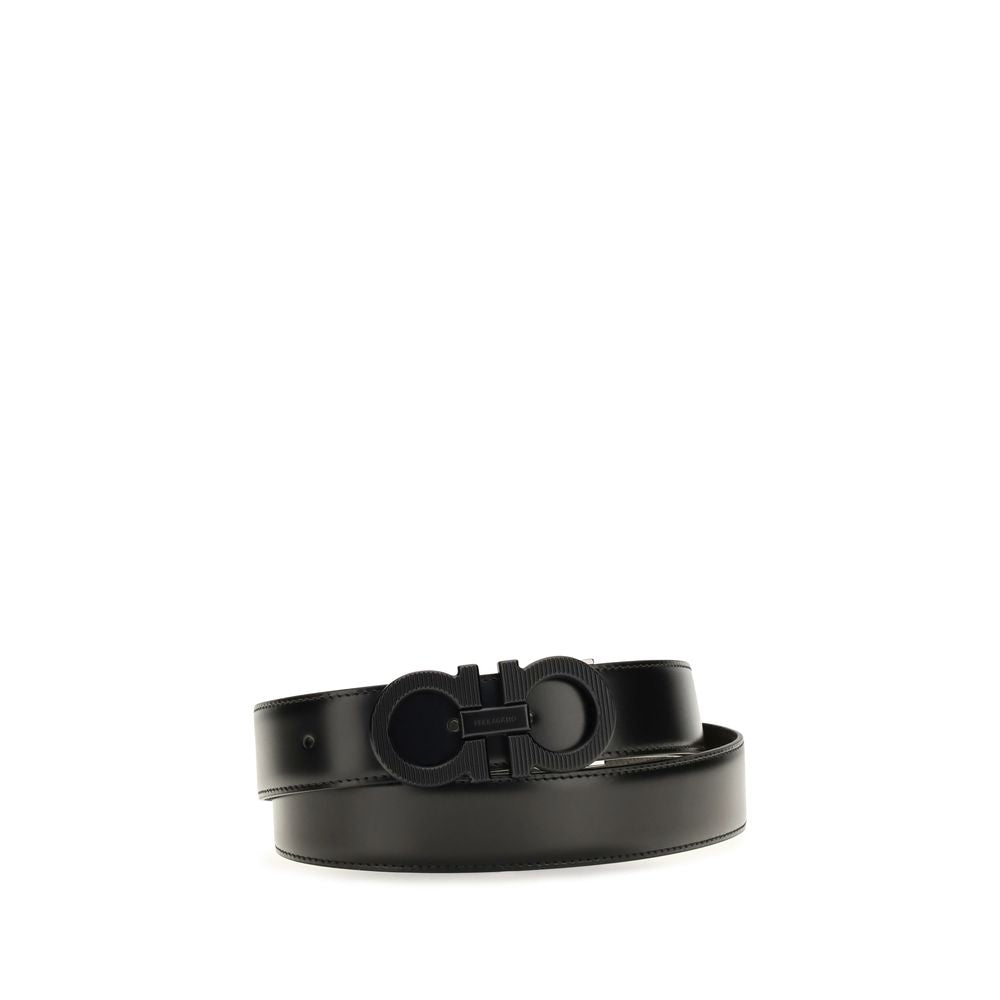 Ferragamo Black Reversible Adjustable Belt With Textured Gancini Buckle schwarz