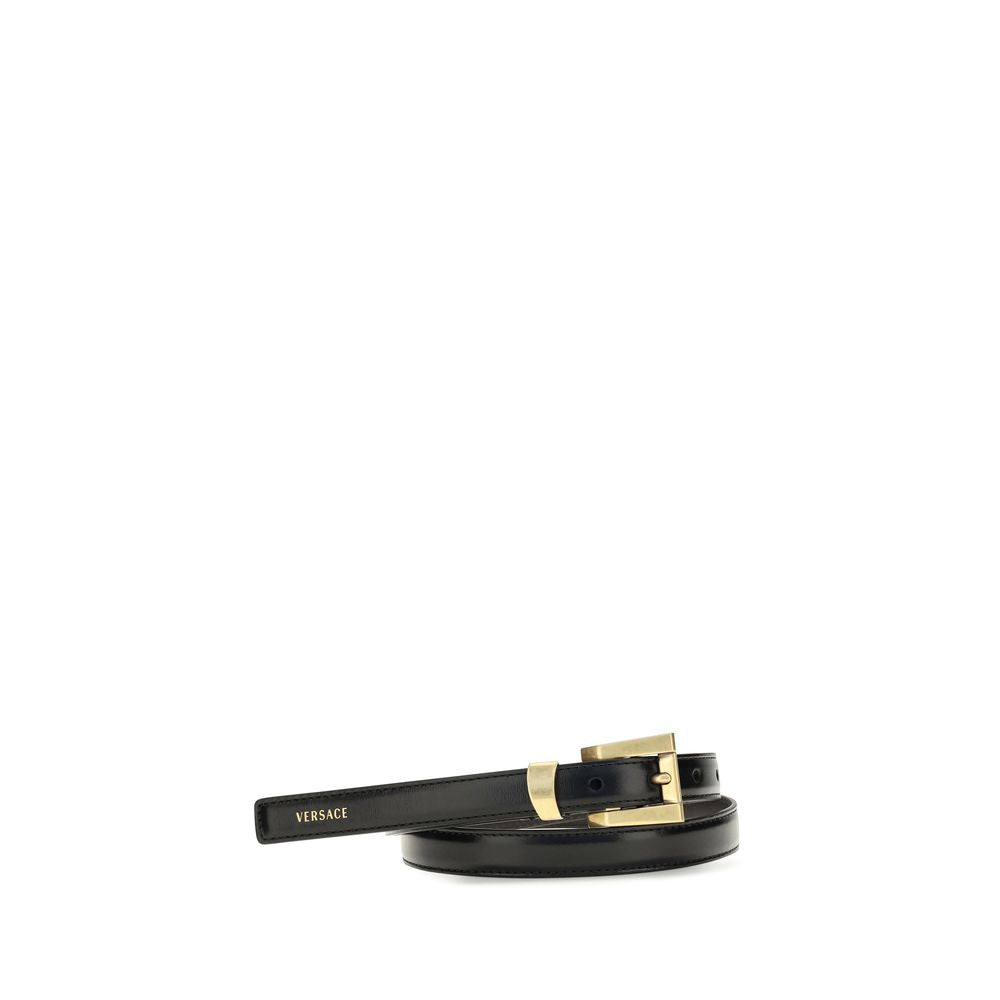 Versace Black Glossy Leather Logo Print Belt schwarz