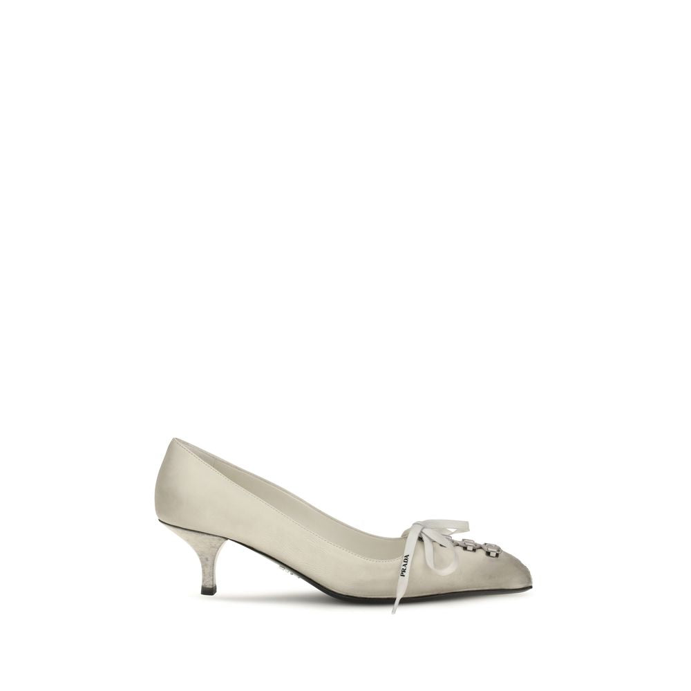 Prada White Lace-Up Antique-Finish Leather Pumps weiss