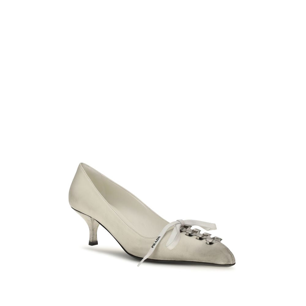Prada White Lace-Up Antique-Finish Leather Pumps weiss