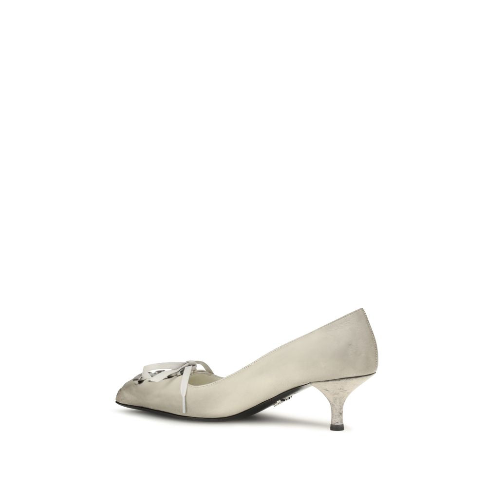 Prada White Lace-Up Antique-Finish Leather Pumps weiss