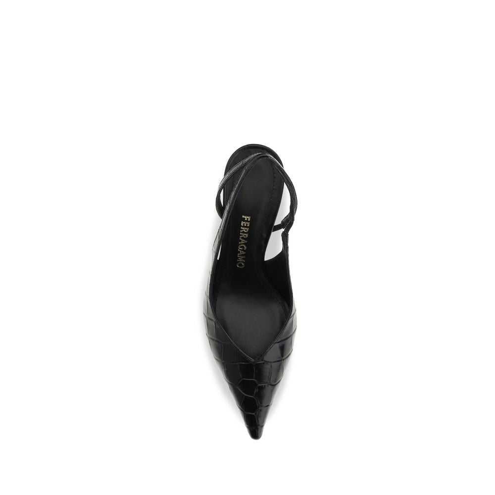 Ferragamo Black Crocodile-Effect Leather Slingback Pumps schwarz