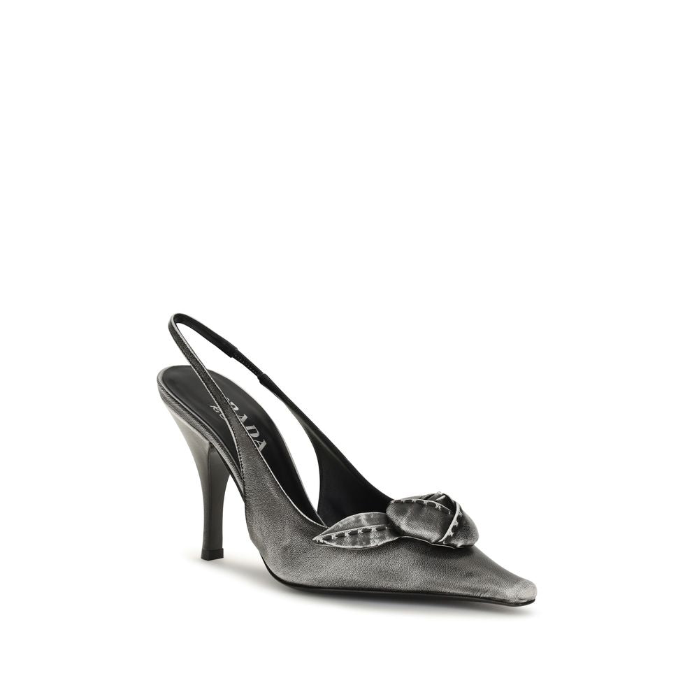 Prada Gray Floral-Detail Leather Slingback Pumps grau
