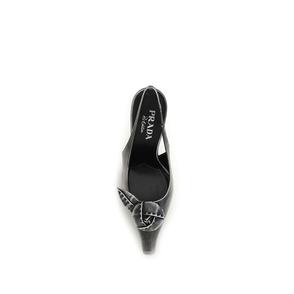 Prada Gray Floral-Detail Leather Slingback Pumps grau