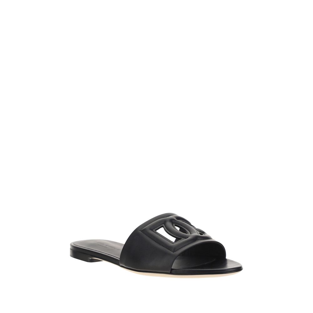 Dolce & Gabbana Black Leather Flat Sandals schwarz