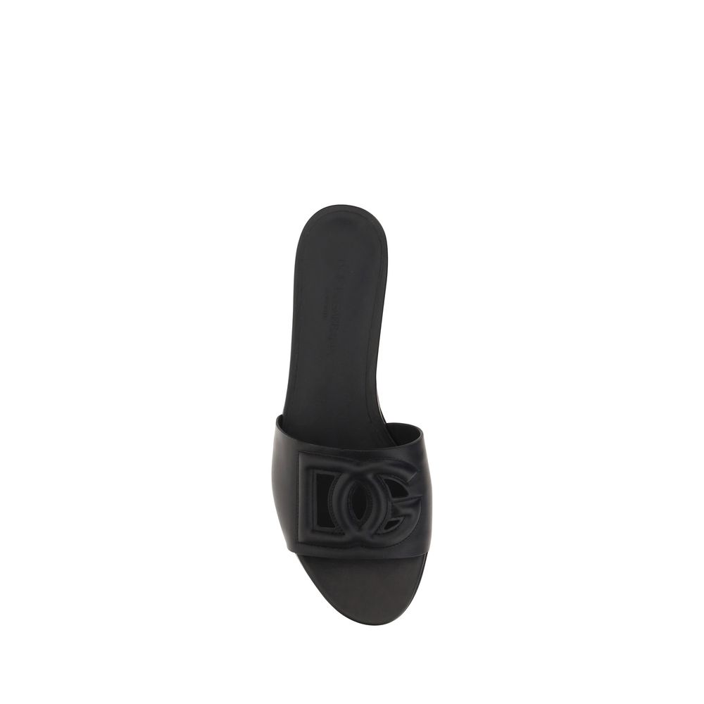 Dolce & Gabbana Black Leather Flat Sandals schwarz