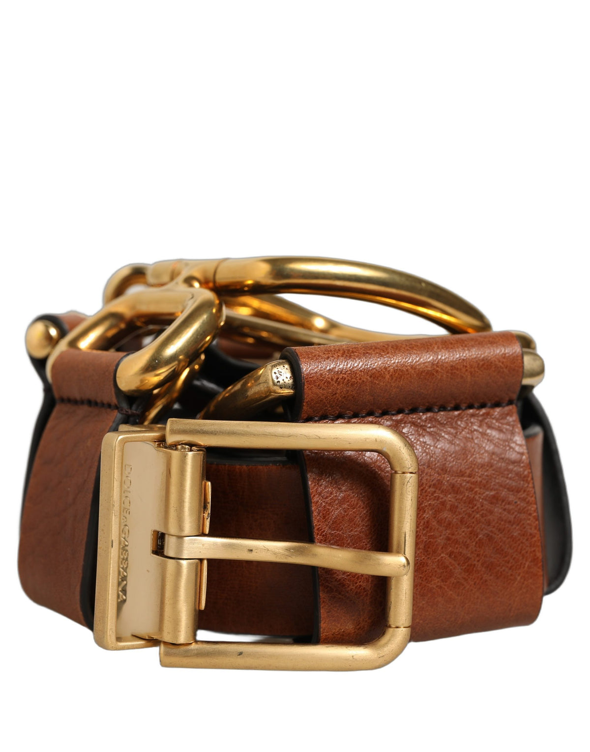 Dolce & Gabbana Brown Leather Gold Metal Rings Buckle Belt braun