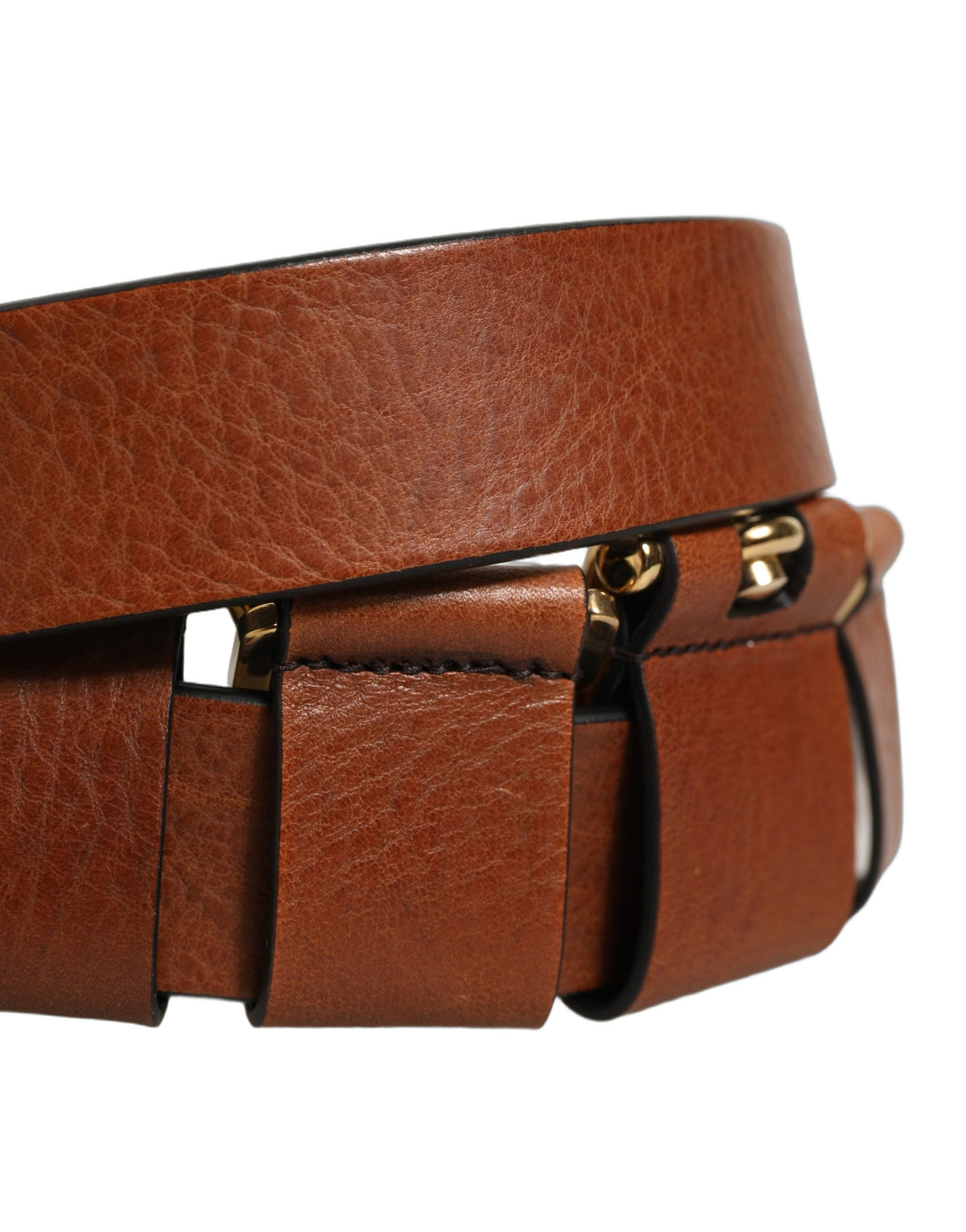 Dolce & Gabbana Brown Leather Gold Metal Rings Buckle Belt braun