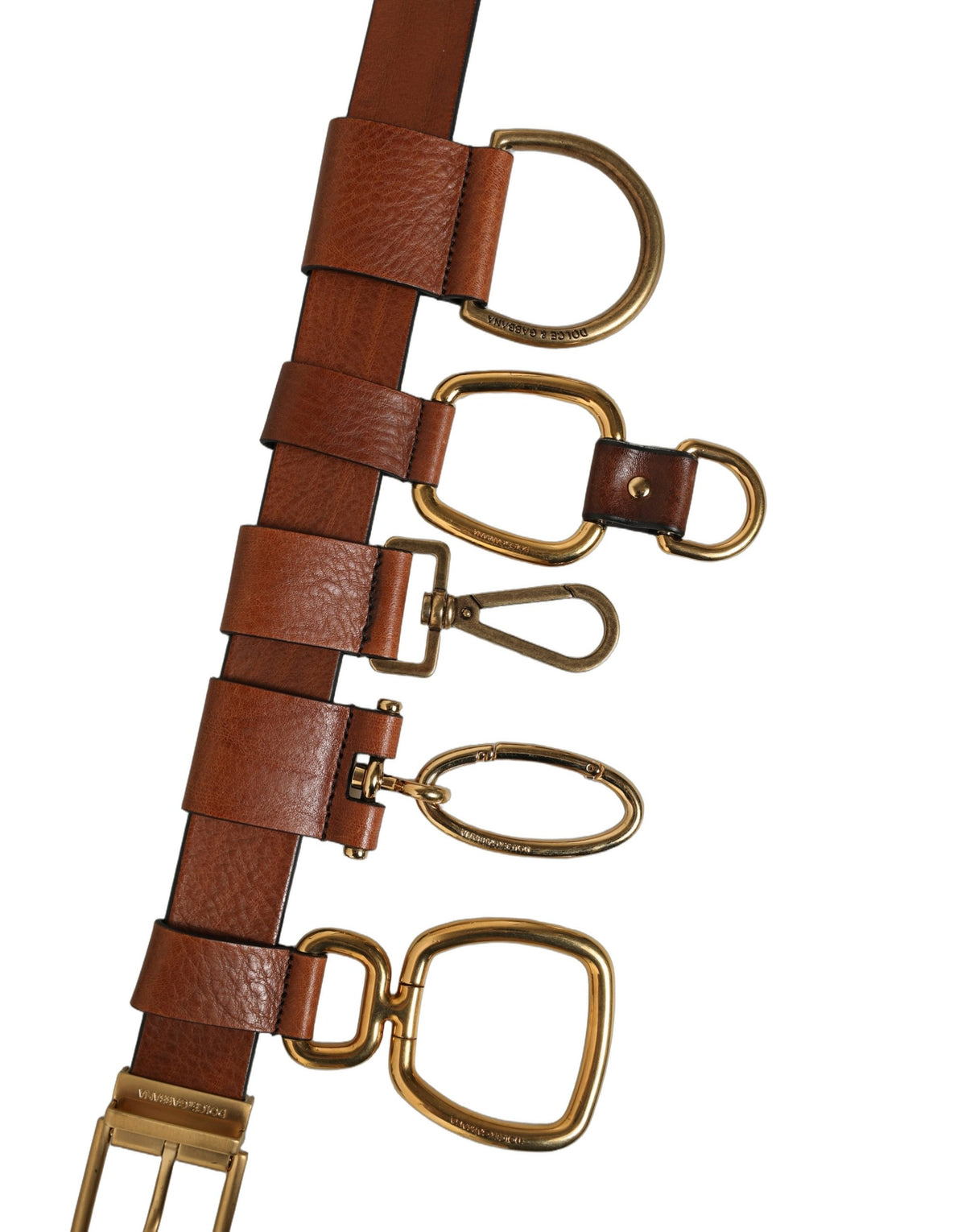 Dolce & Gabbana Brown Leather Gold Metal Rings Buckle Belt braun