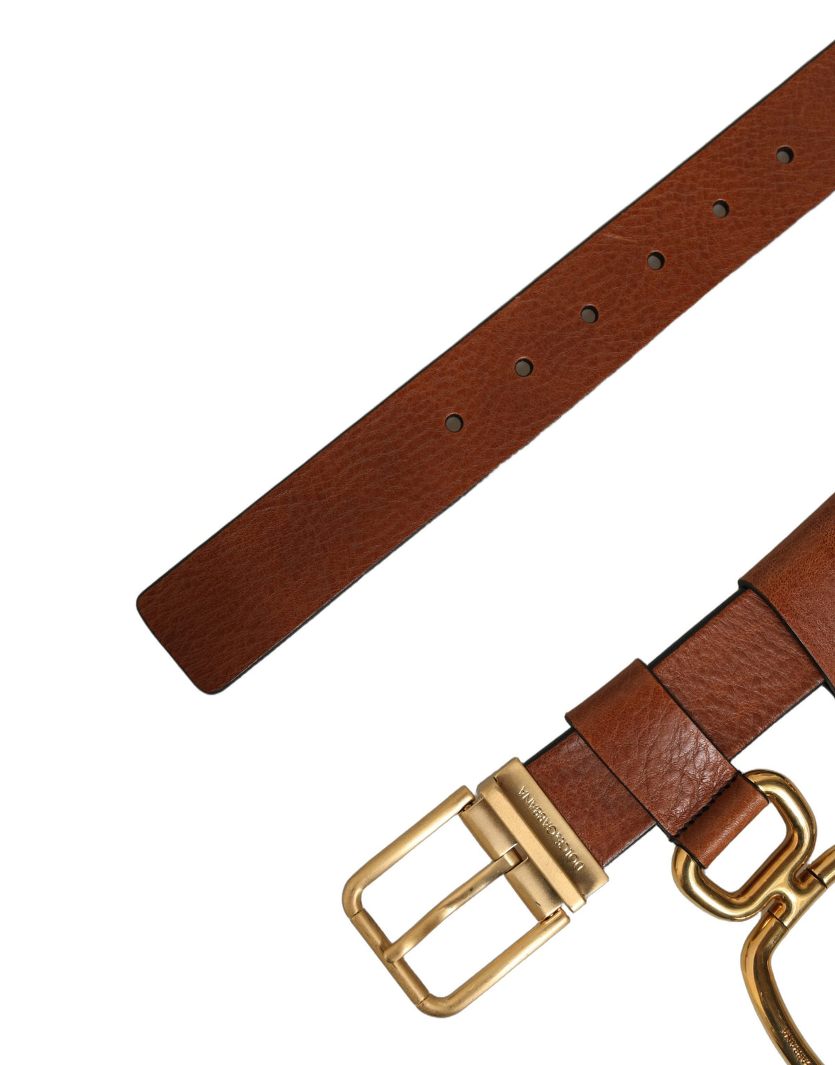Dolce & Gabbana Brown Leather Gold Metal Rings Buckle Belt braun