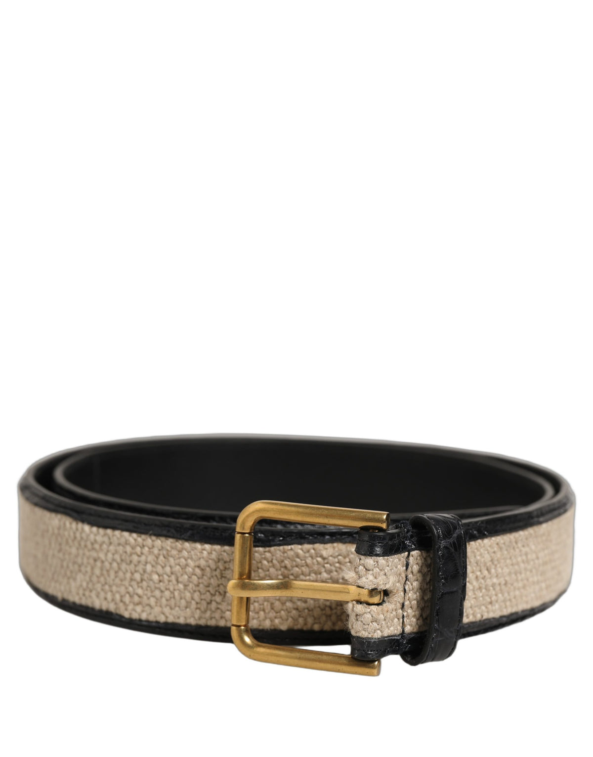 Dolce & Gabbana Beige Black Woven Leather Metal Buckle Belt schwarz