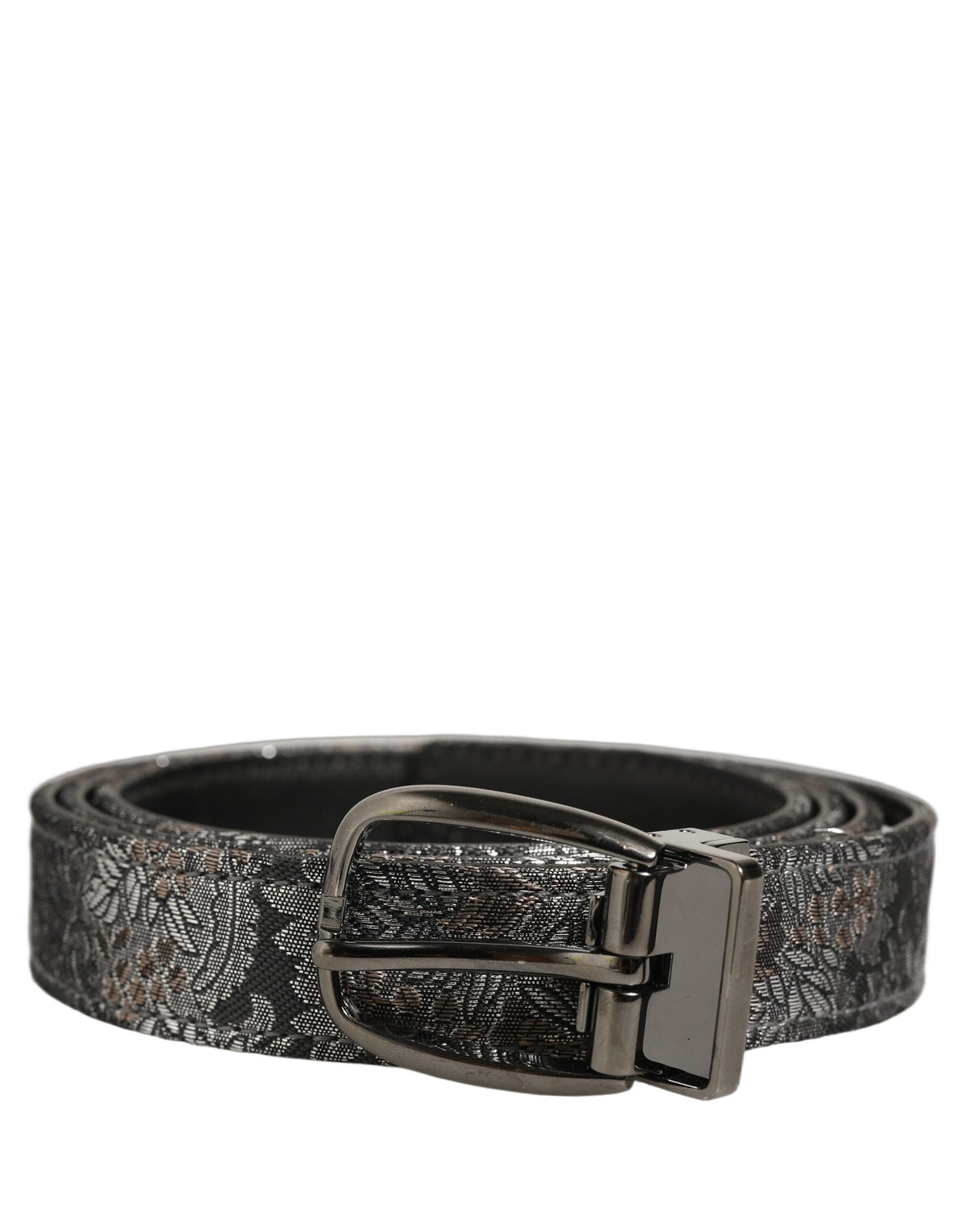 Dolce & Gabbana Silver Black Floral Jacquard Metal Buckle Belt schwarz