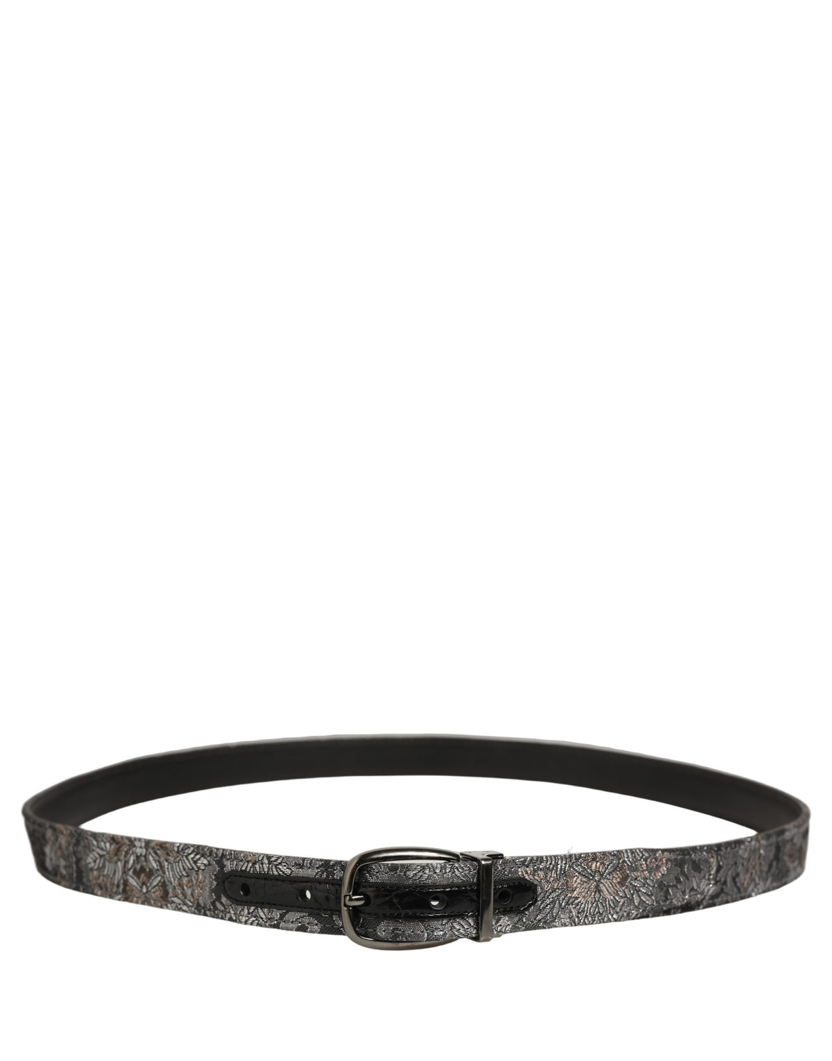 Dolce & Gabbana Silver Black Floral Jacquard Metal Buckle Belt schwarz