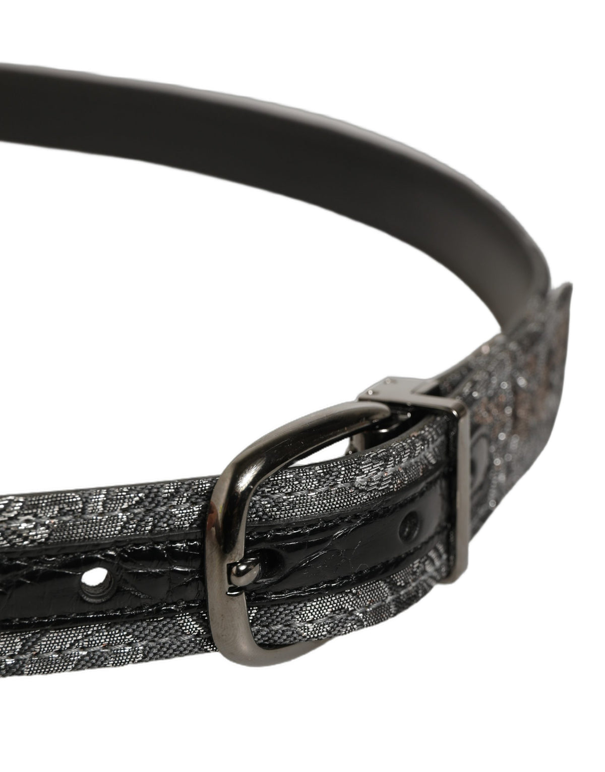 Dolce & Gabbana Silver Black Floral Jacquard Metal Buckle Belt schwarz