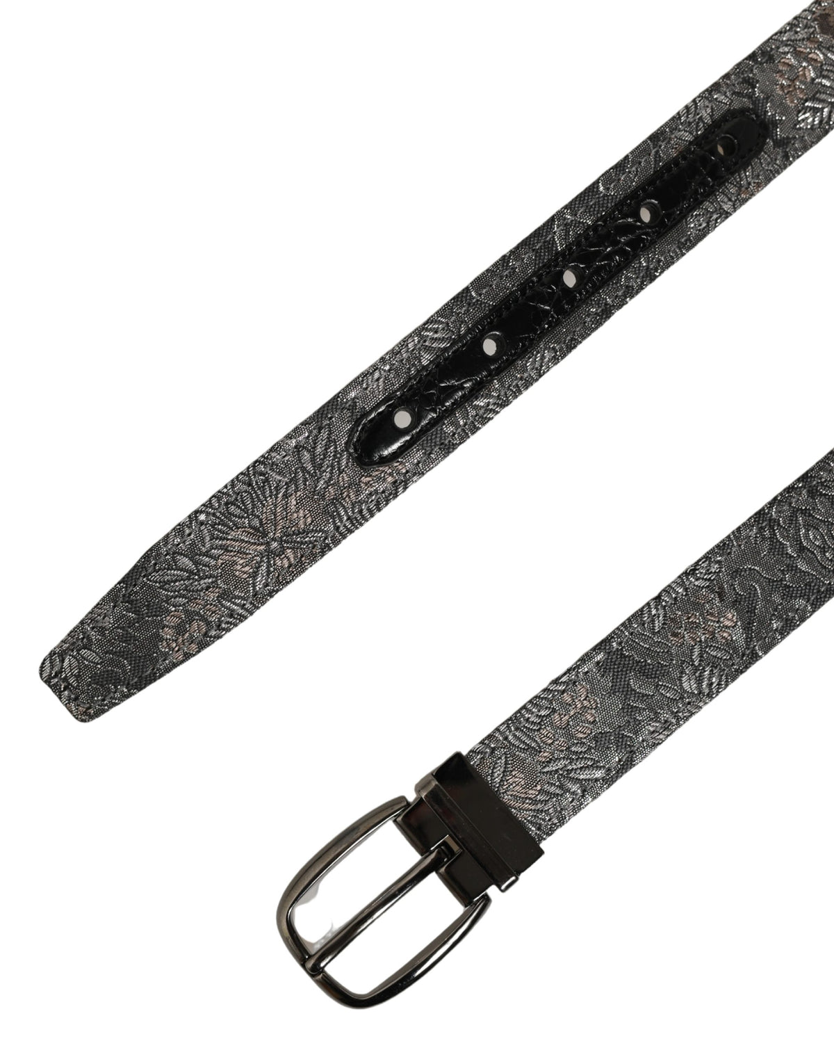 Dolce & Gabbana Silver Black Floral Jacquard Metal Buckle Belt schwarz
