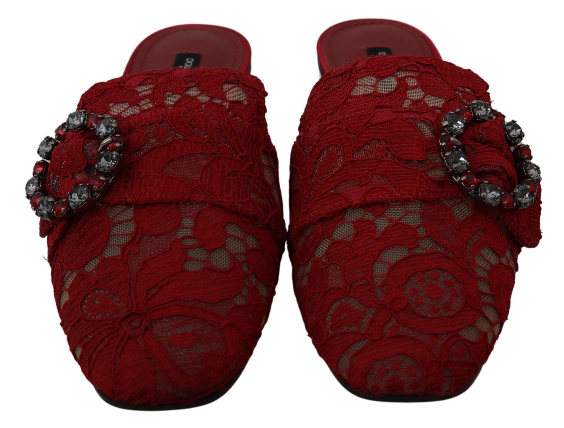 Dolce & Gabbana Red Lace Crystal Slide On Flats Shoes Curated Luxury Accessories by Orvyn