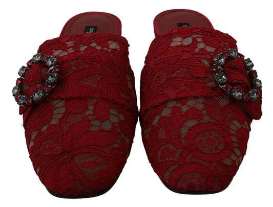 Dolce & Gabbana Red Lace Crystal Slide On Flats Shoes Curated Luxury Accessories by Orvyn
