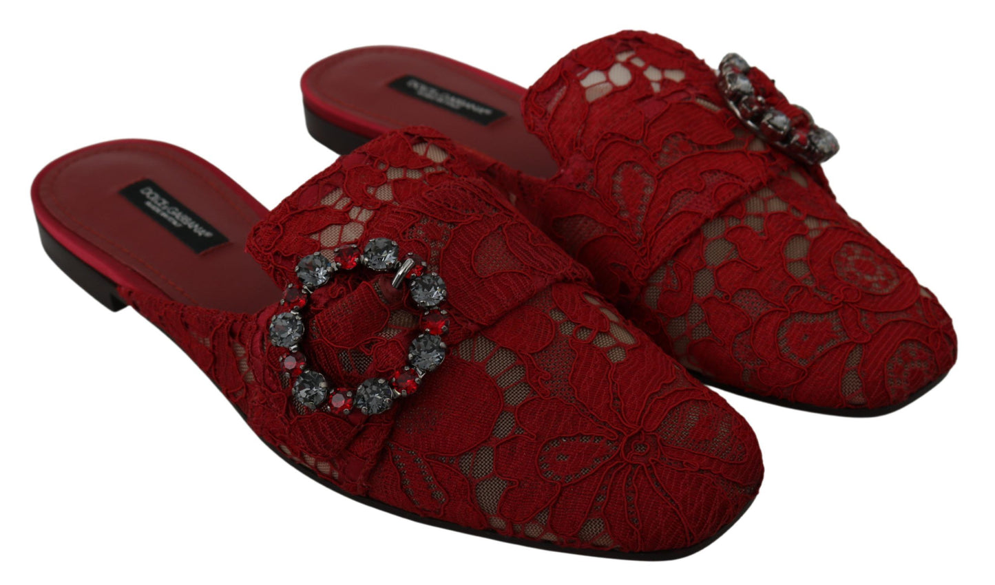 Dolce & Gabbana Red Lace Crystal Slide On Flats Shoes Curated Luxury Accessories by Orvyn