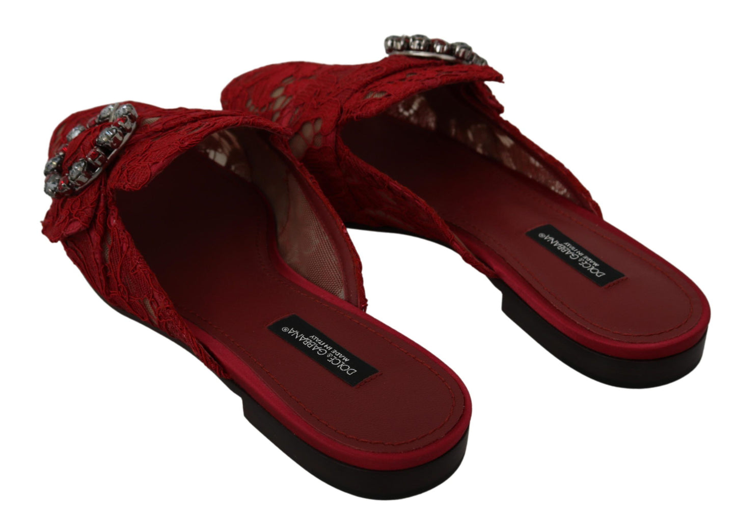 Dolce & Gabbana Red Lace Crystal Slide On Flats Shoes Curated Luxury Accessories by Orvyn