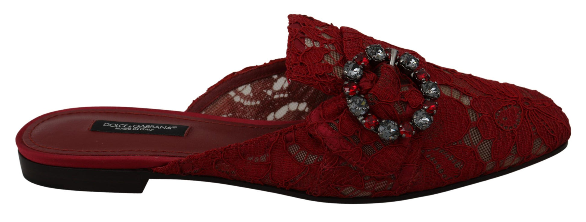 Dolce & Gabbana Red Lace Crystal Slide On Flats Shoes Curated Luxury Accessories by Orvyn