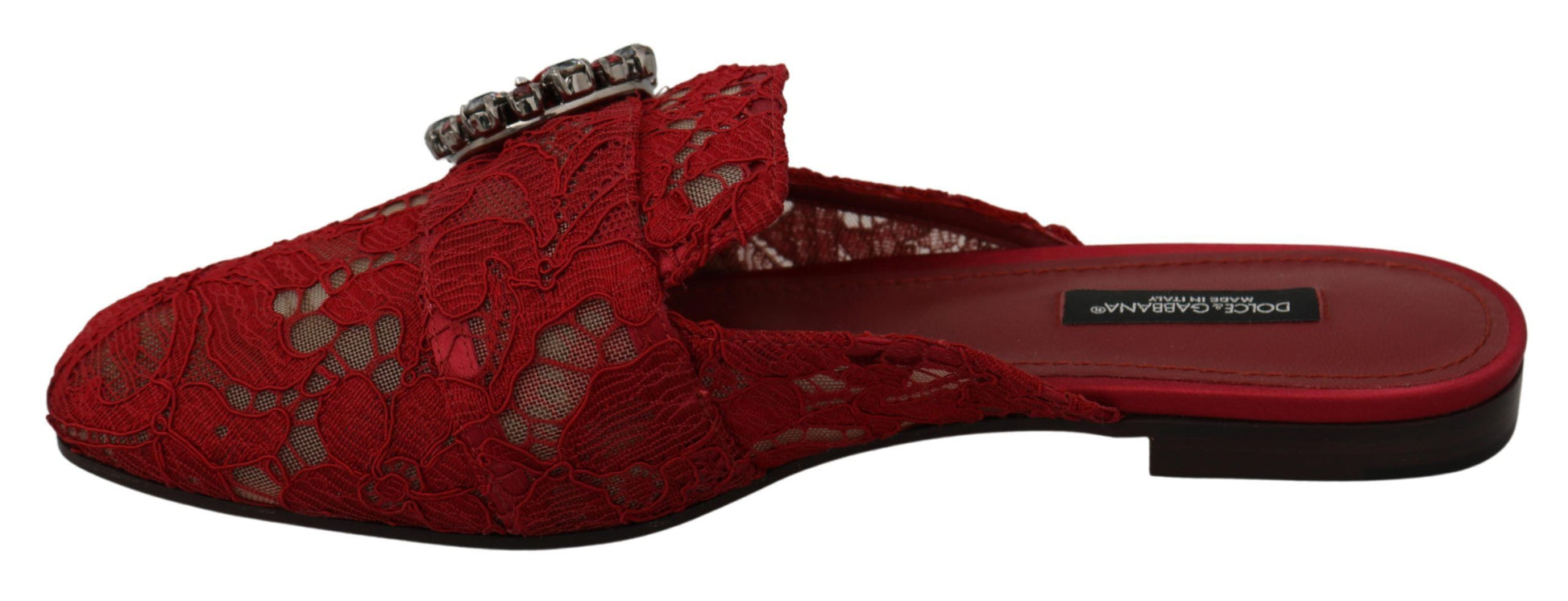 Dolce & Gabbana Red Lace Crystal Slide On Flats Shoes Curated Luxury Accessories by Orvyn