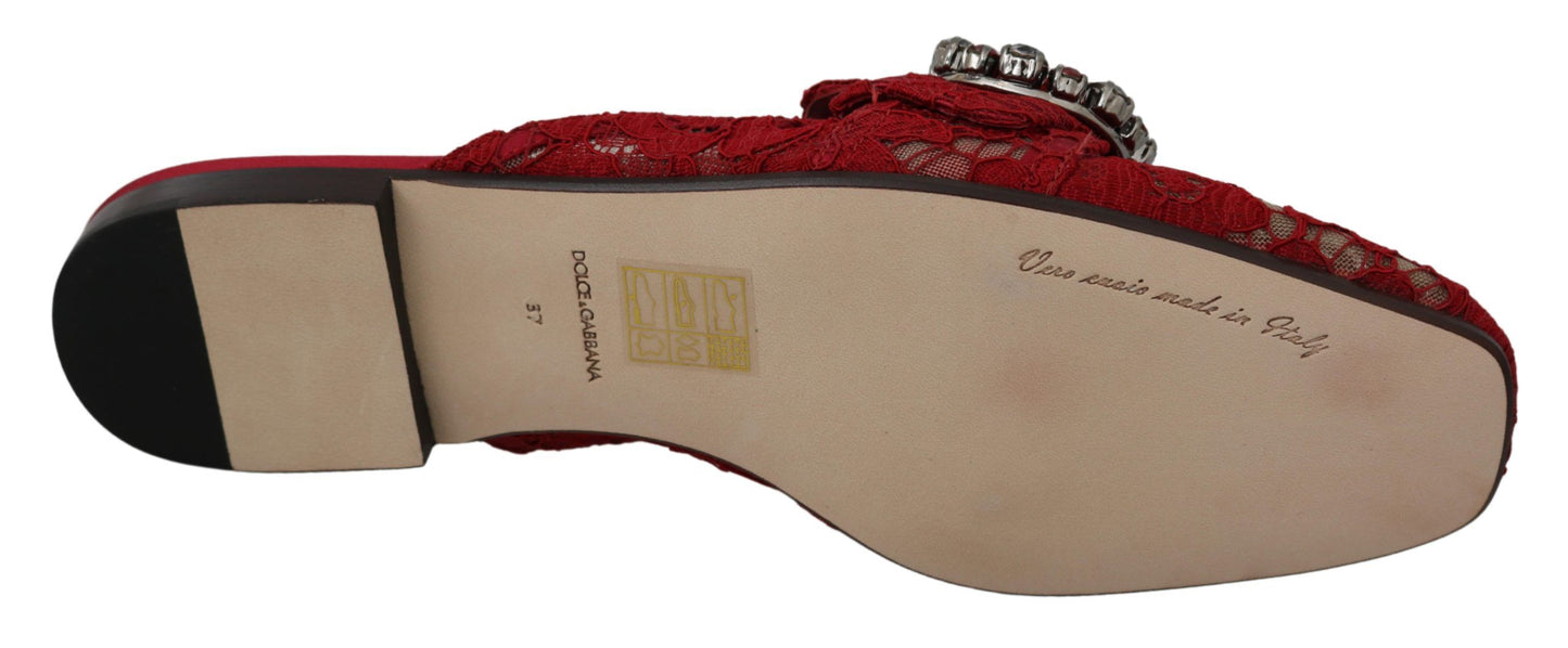Dolce & Gabbana Red Lace Crystal Slide On Flats Shoes Curated Luxury Accessories by Orvyn