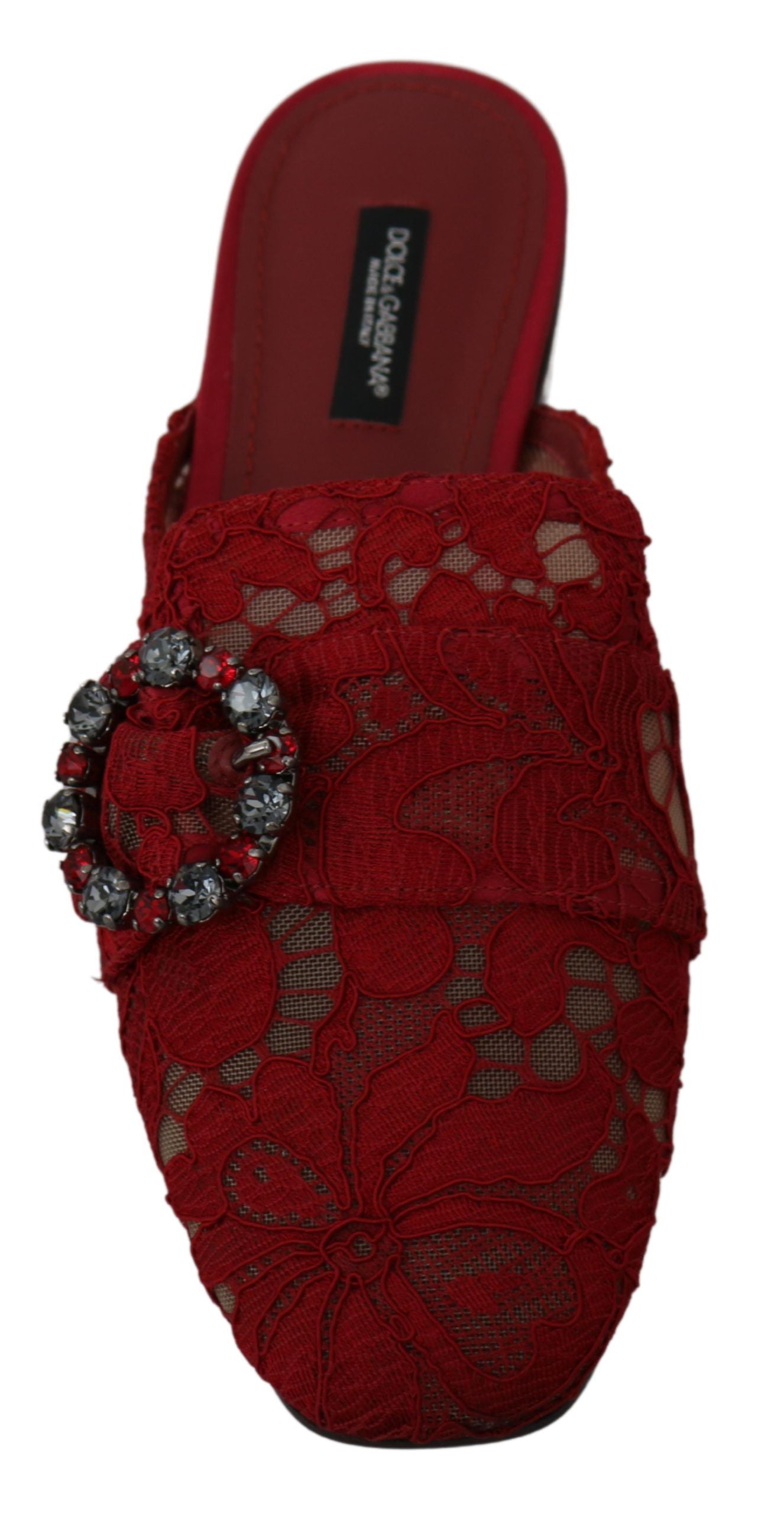 Dolce & Gabbana Red Lace Crystal Slide On Flats Shoes Curated Luxury Accessories by Orvyn