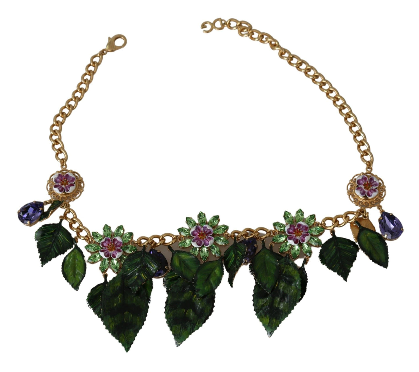 Dolce & Gabbana Green Leaves Gold Brass Crystal Flower Pendant Necklace grün