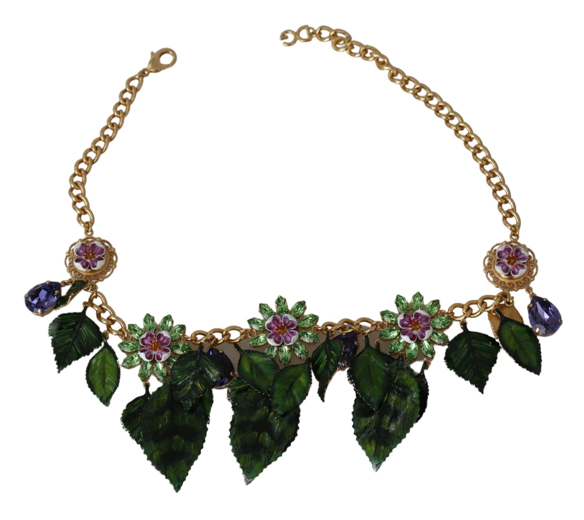 Dolce & Gabbana Green Leaves Gold Brass Crystal Flower Pendant Necklace grün