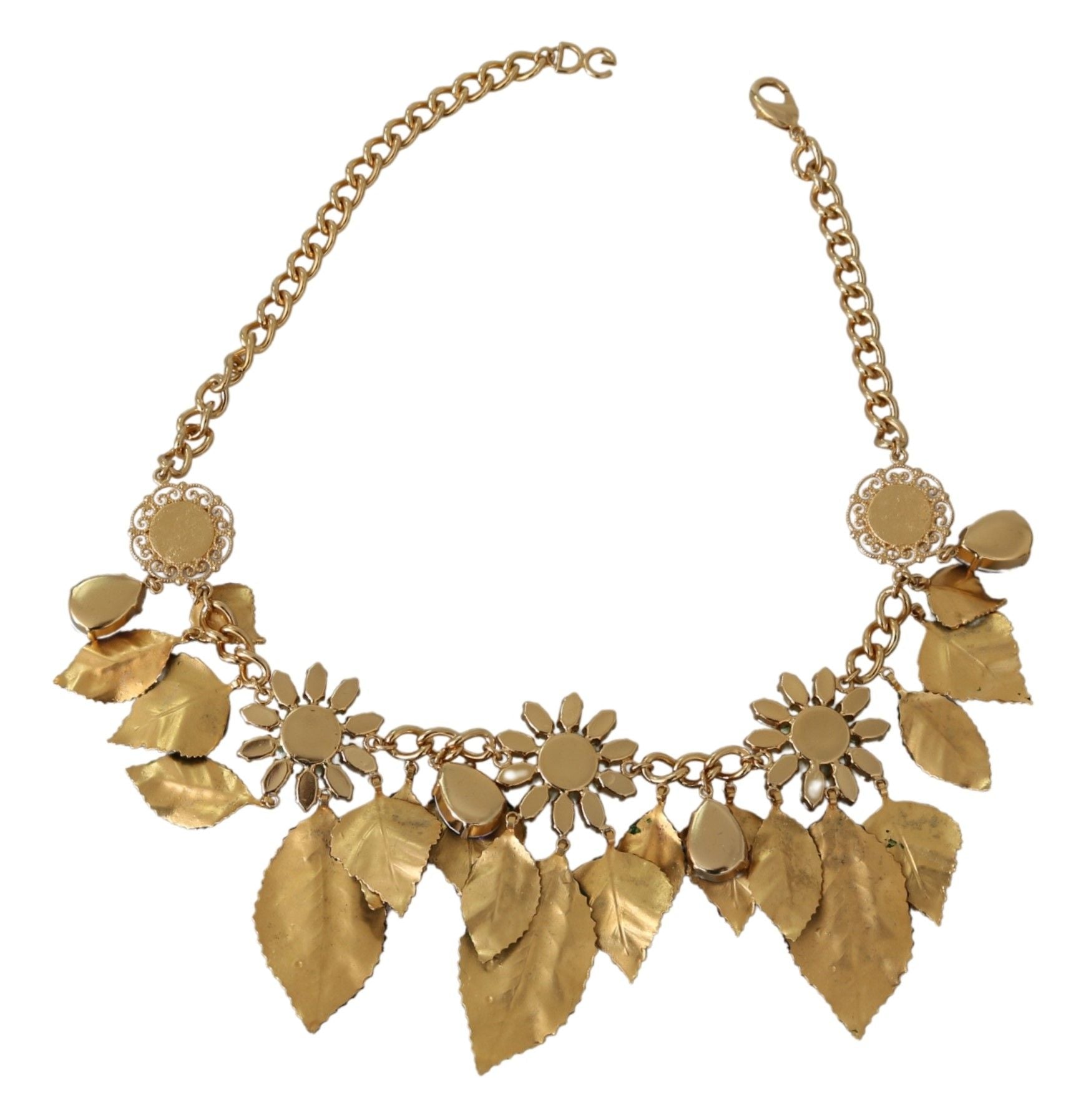 Dolce & Gabbana Green Leaves Gold Brass Crystal Flower Pendant Necklace grün