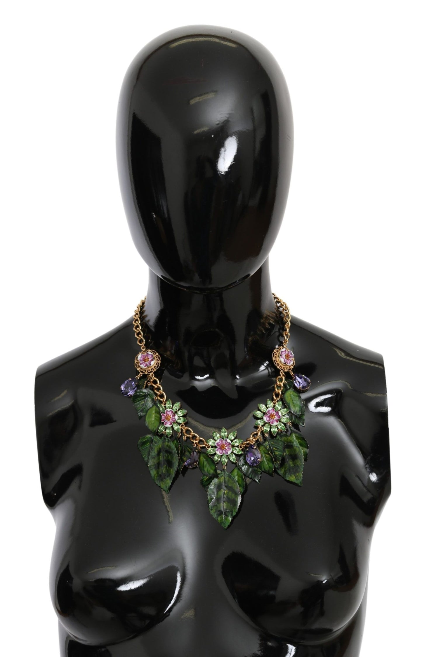 Dolce & Gabbana Green Leaves Gold Brass Crystal Flower Pendant Necklace grün