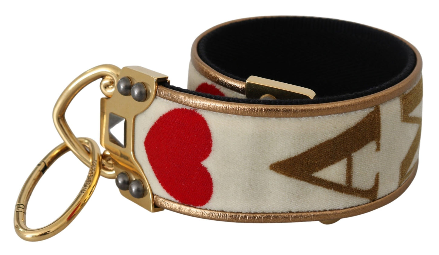 Dolce & Gabbana Gold White Textile Leather AMORE Shoulder Strap Curated Luxury Accessories by Orvyn