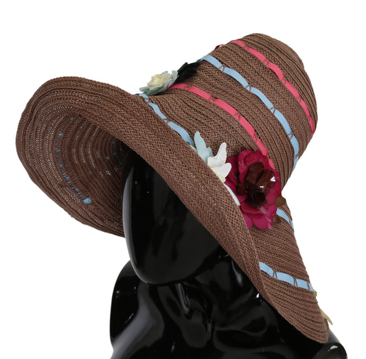 Dolce & Gabbana Brown Floral Wide Brim Straw Floppy Cap Hat Curated Luxury Accessories by Orvyn