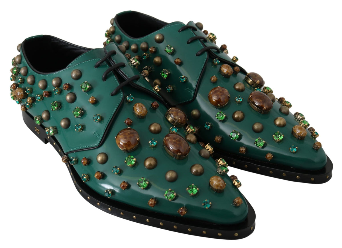 Dolce & Gabbana Green Leather Crystal Dress Broque Shoes grün